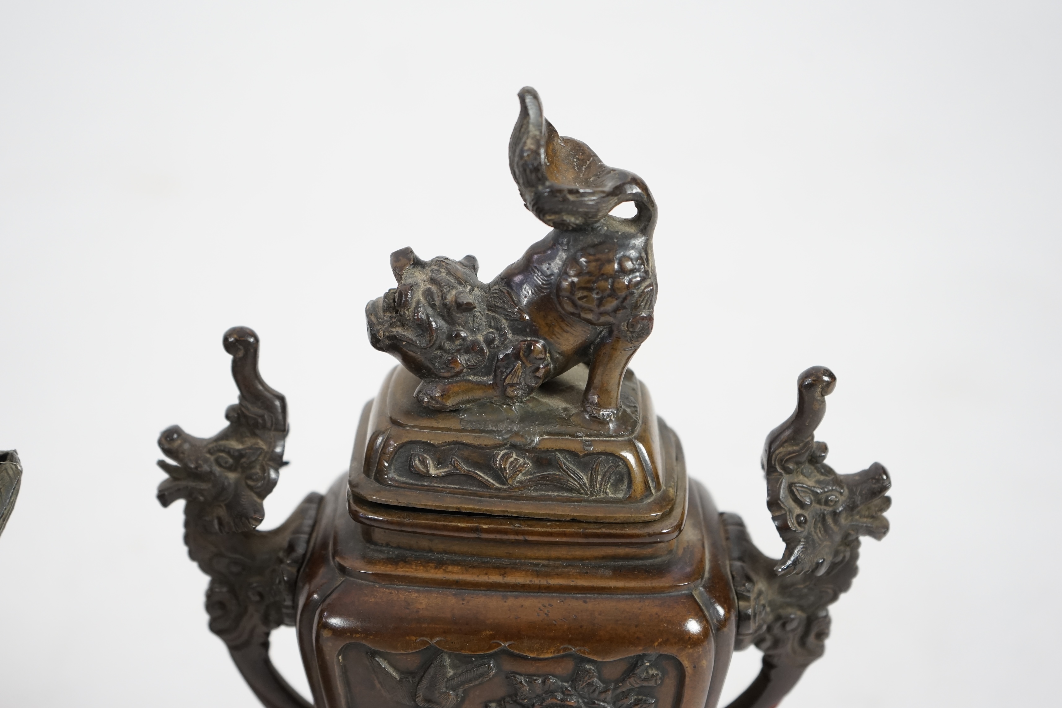 A pair of Japanese bronze koros and covers, late Meiji period